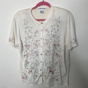 Alfred‎ Dunner Cardigan Sweater Womens Size L Floral Embroidered Cottage Spring